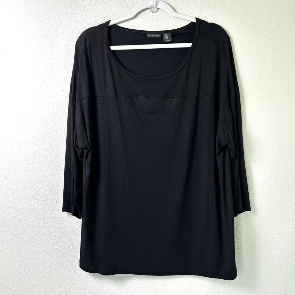Tahari Top Womens Plus 1X Black Pullover Elbow Sleeve Blouse Rayon Stretch